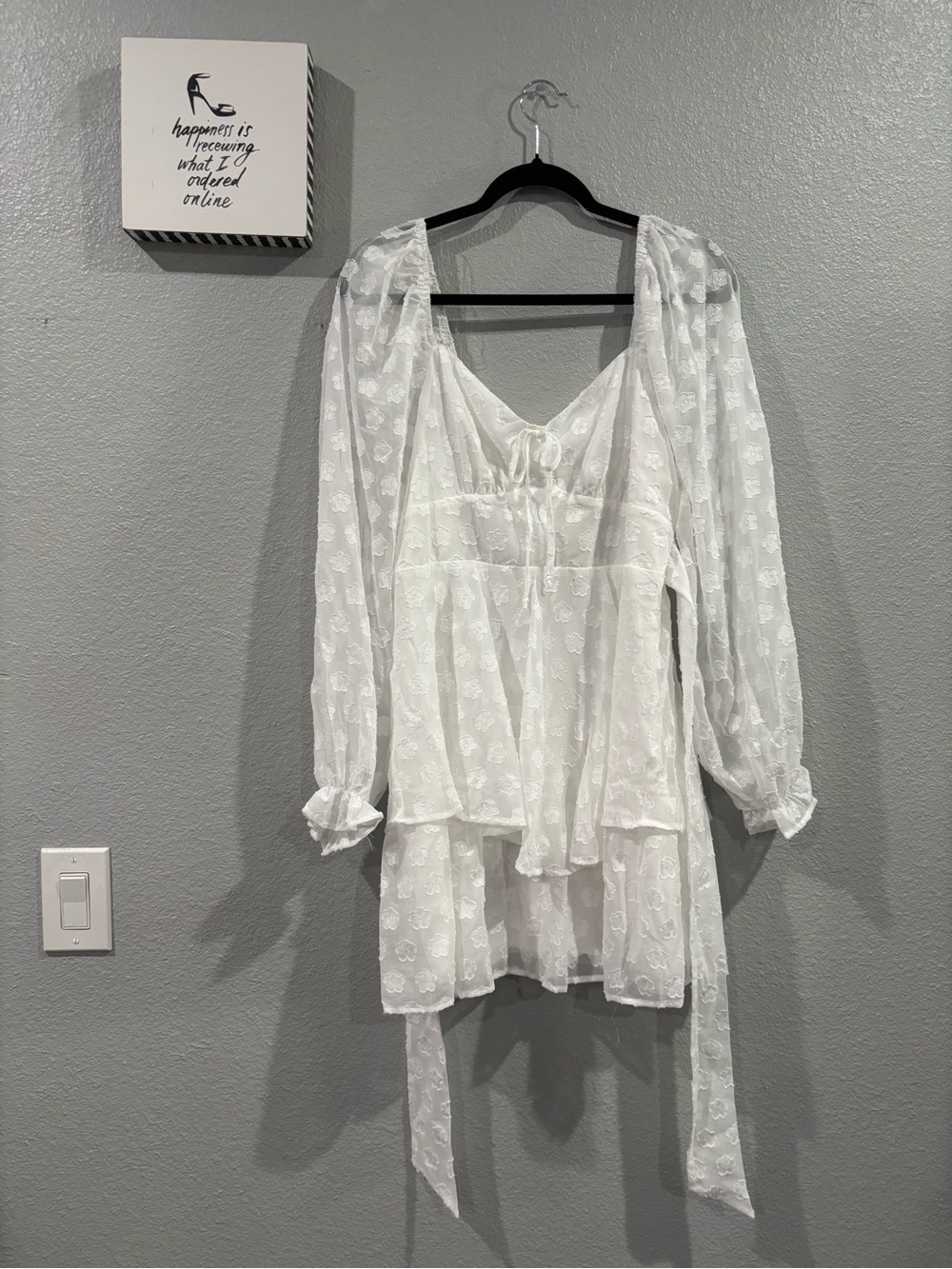 White Sheer Floral Tie-Front Babydoll Dress